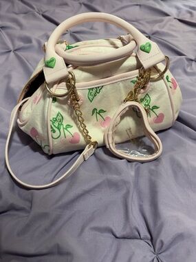Juicy Couture Cream & Pink Cherry Print Mini Satchel with Green Logo Accents